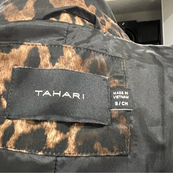 Tahari Black Raincoat Leopard Trim Belted Double Breasted Trench Size S - Picture 14 of 16